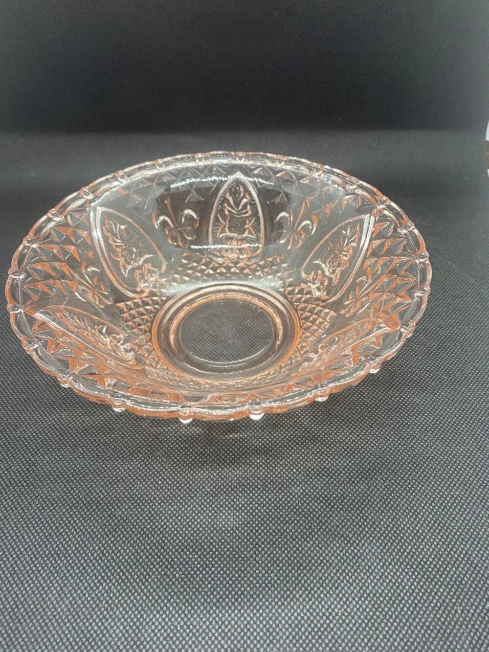Pink 5 Footed Bowl from Malaysia. Features Rose and Fleur-di-Lis design